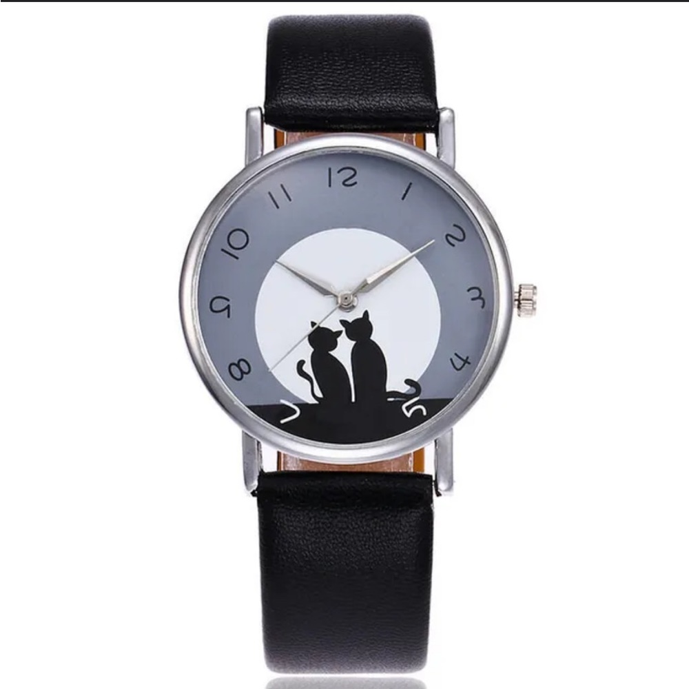 Stainless Steel Black Leather Cat Kitten Big Head Adjustable Watch NEW